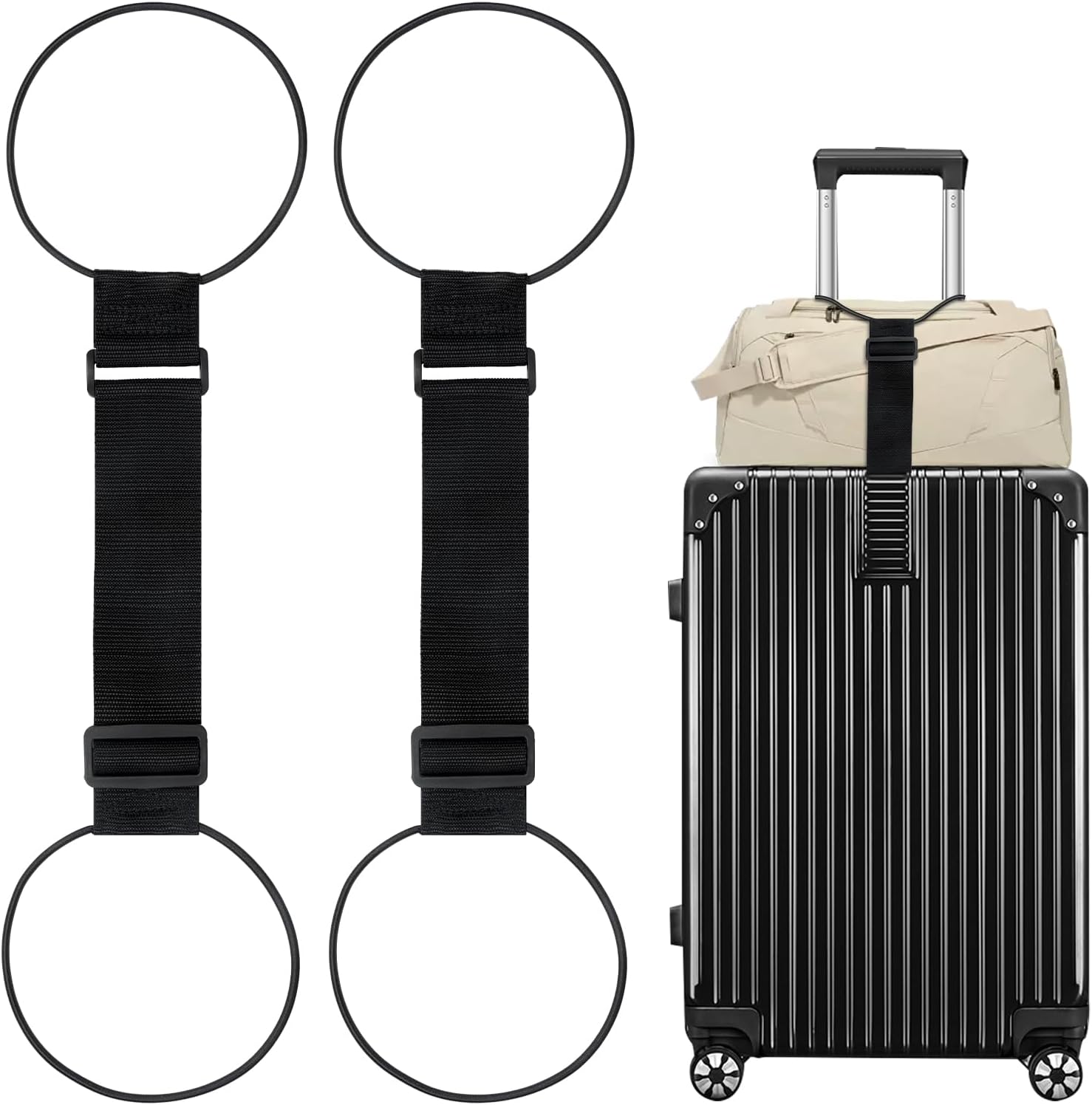 2 Pack Luggage Connector Straps, Adjustable Bungee Elastic Belt, for Attaching Extra Bags Purse to Suitcase Handle, Easy to Travel (Black)