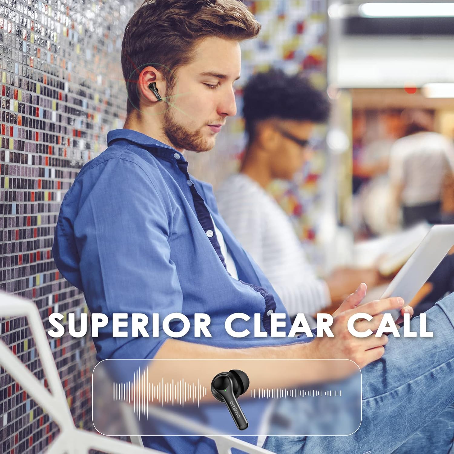 Person using earbuds with superior clear call feature