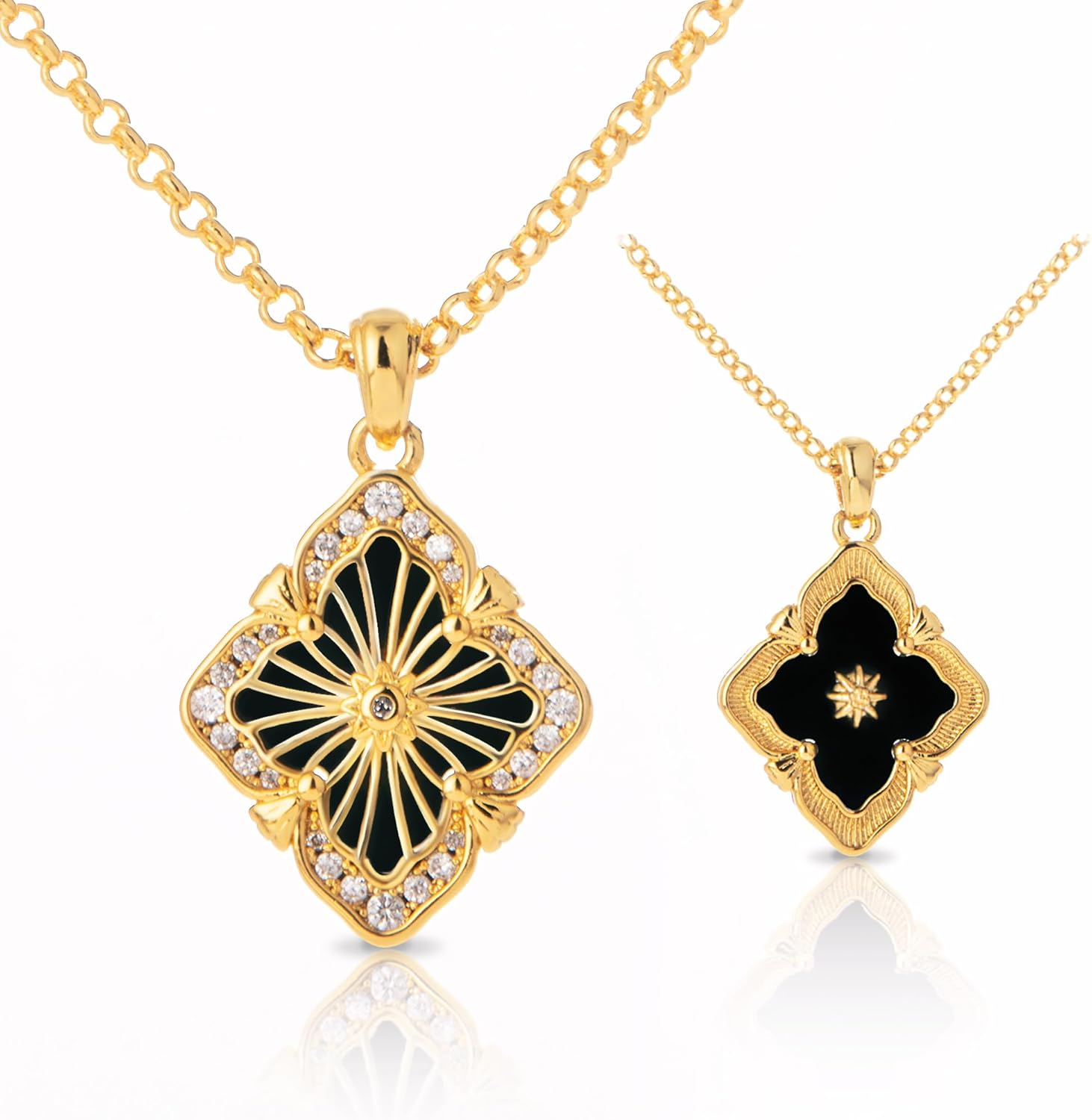 Vintage Jewelry for Women, Double-Sided Gold Clover Necklace 18K Plated with Gemstone, Mother of Pearl Inlaid, Vintage Necklace Set