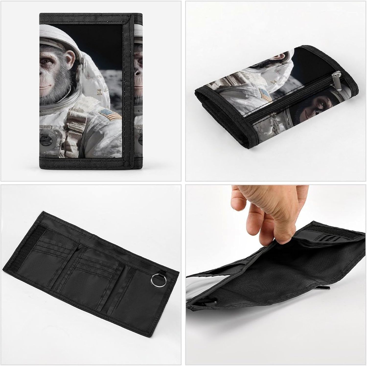 Astronaut Chimpanzee on The Moon Trifold Slim Wallet Front Pocket With Money Clip And ID Credit Card Slots For Travel Work