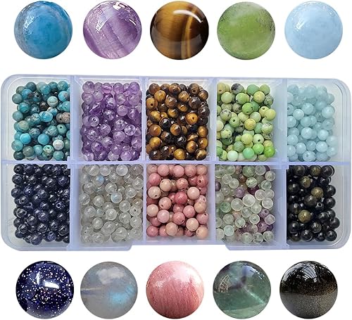 Chengmu Juego de cuentas de piedra de 0.31 pulgadas para hacer joyas, 230 piezas de piedras preciosas naturales, amatista, ágata ónix, cristal de