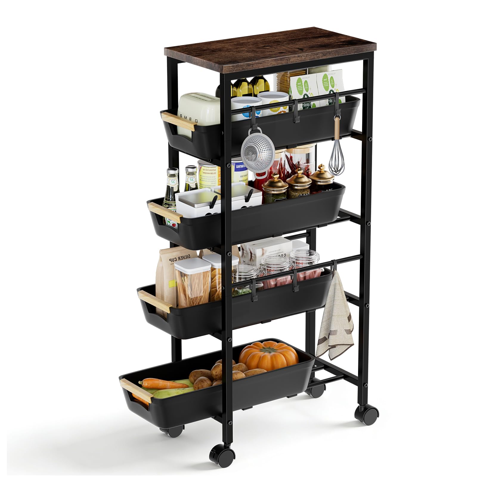 Meuble Rangement Cuisine, Corbeille à Fruits en Métal Chariot de Rangement à 5 Niveaux avec Plateau en Bois, Cuisine, Chambre, Salle de Bain, Dortoir