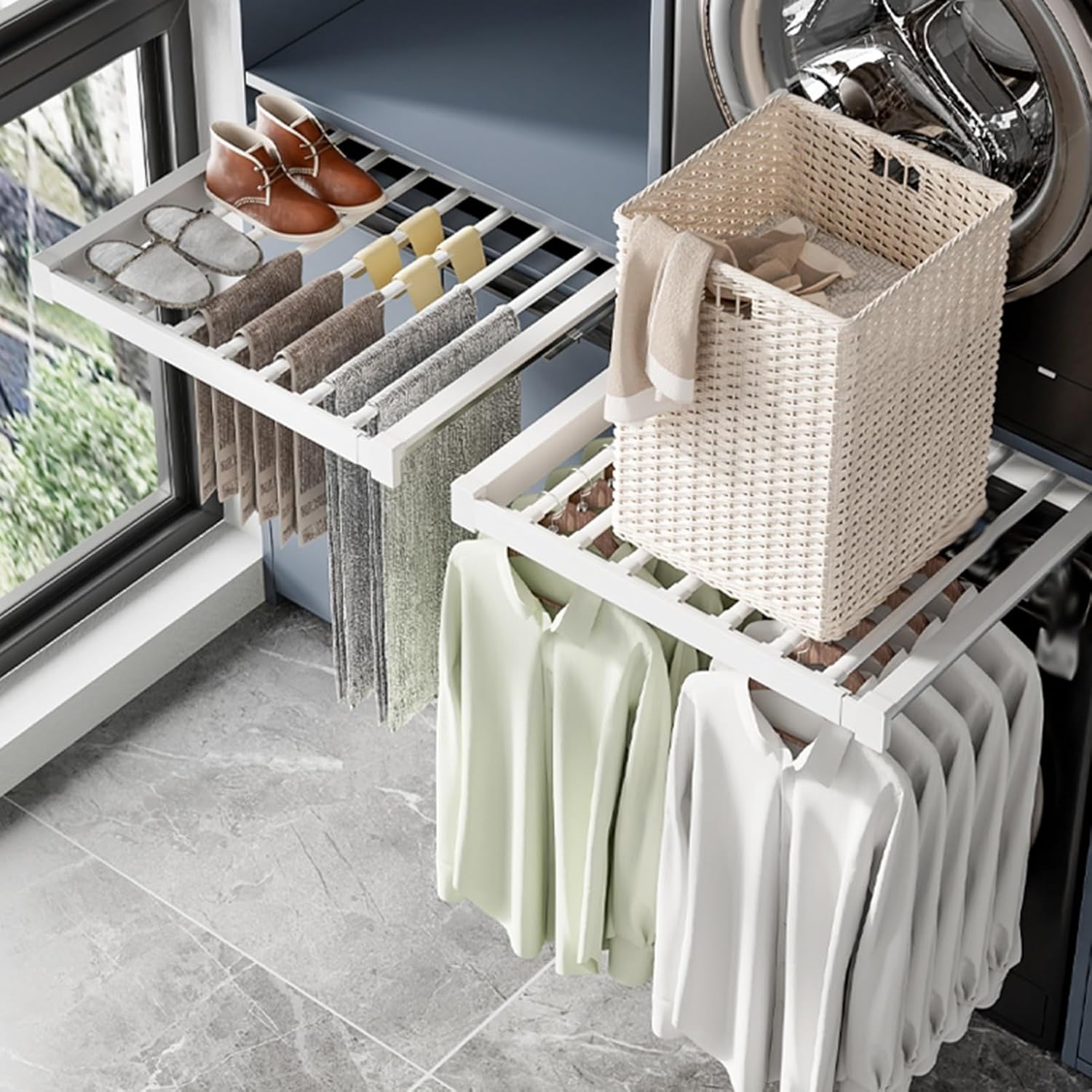 Space Saving Under Cabinet Drying Rack - Invisible Foldable Clothes Drying Rack, Washing Machine Pants Organizer, Pull-Out Wardrobe Basket for Efficient Closet Storage (Black, 450-600mm)