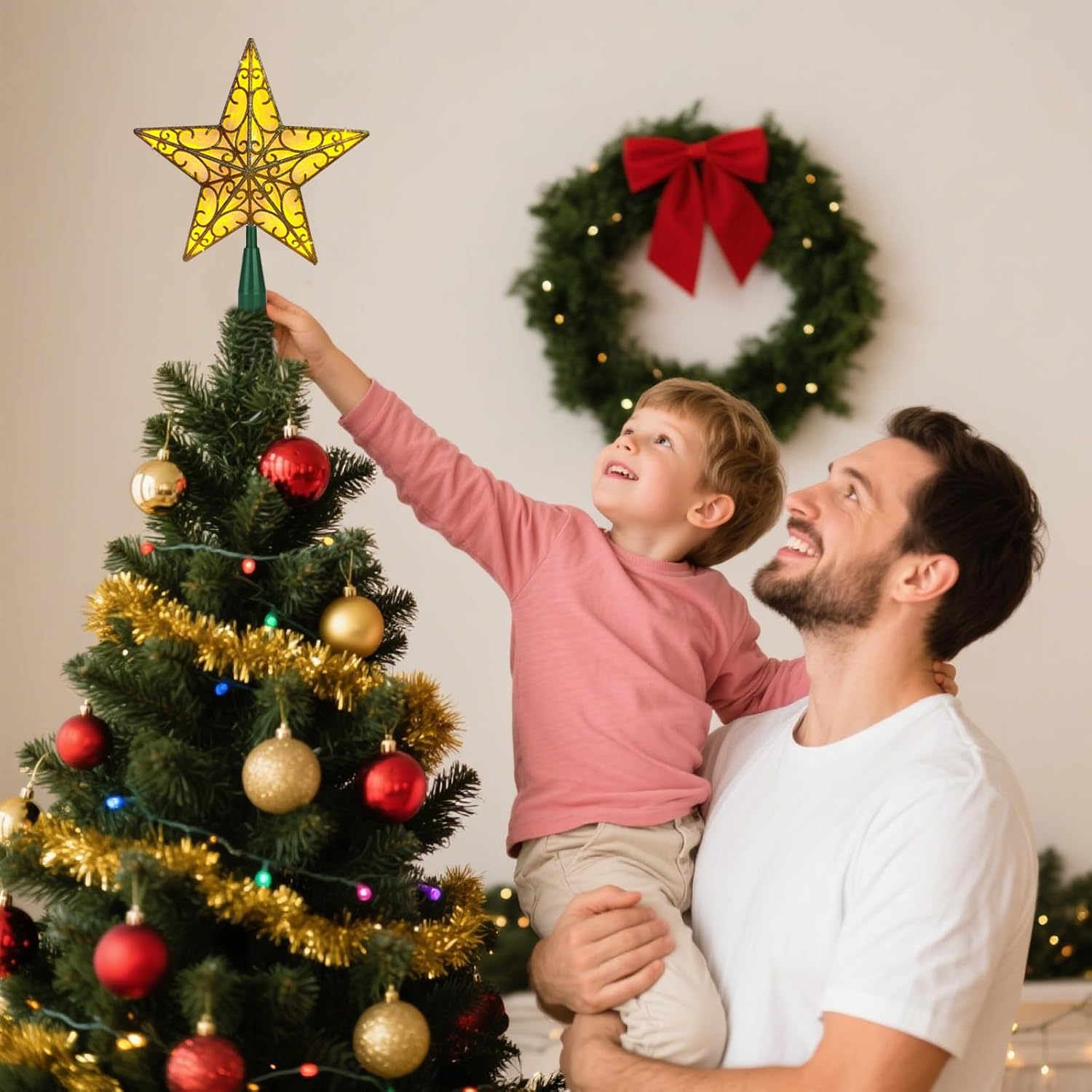 Christmas Star Tree Topper, Gold Glittered 3D Star Tree Topper, with Warm White LED Lights String Lights for Indoor Office Christmas New Year Holiday Tree Decoration - Image 3