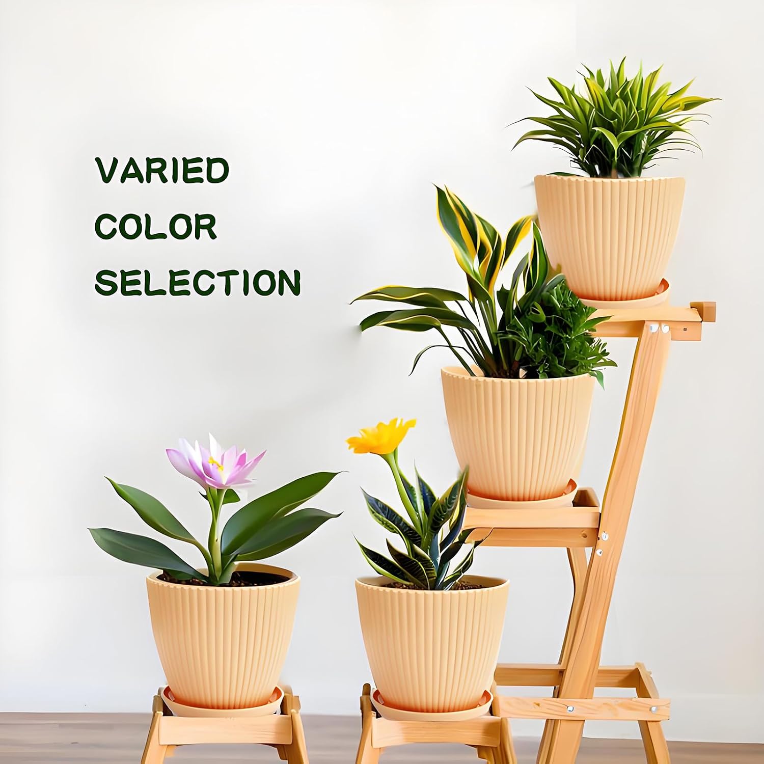 7 Inch Large Plant Pots, 6 Pack Flower Pots with Drainage Hole and Tray Saucer Plastic Plant Pot for Outdoor Indoor House Plants and Flowers Herbs (Khaki)
