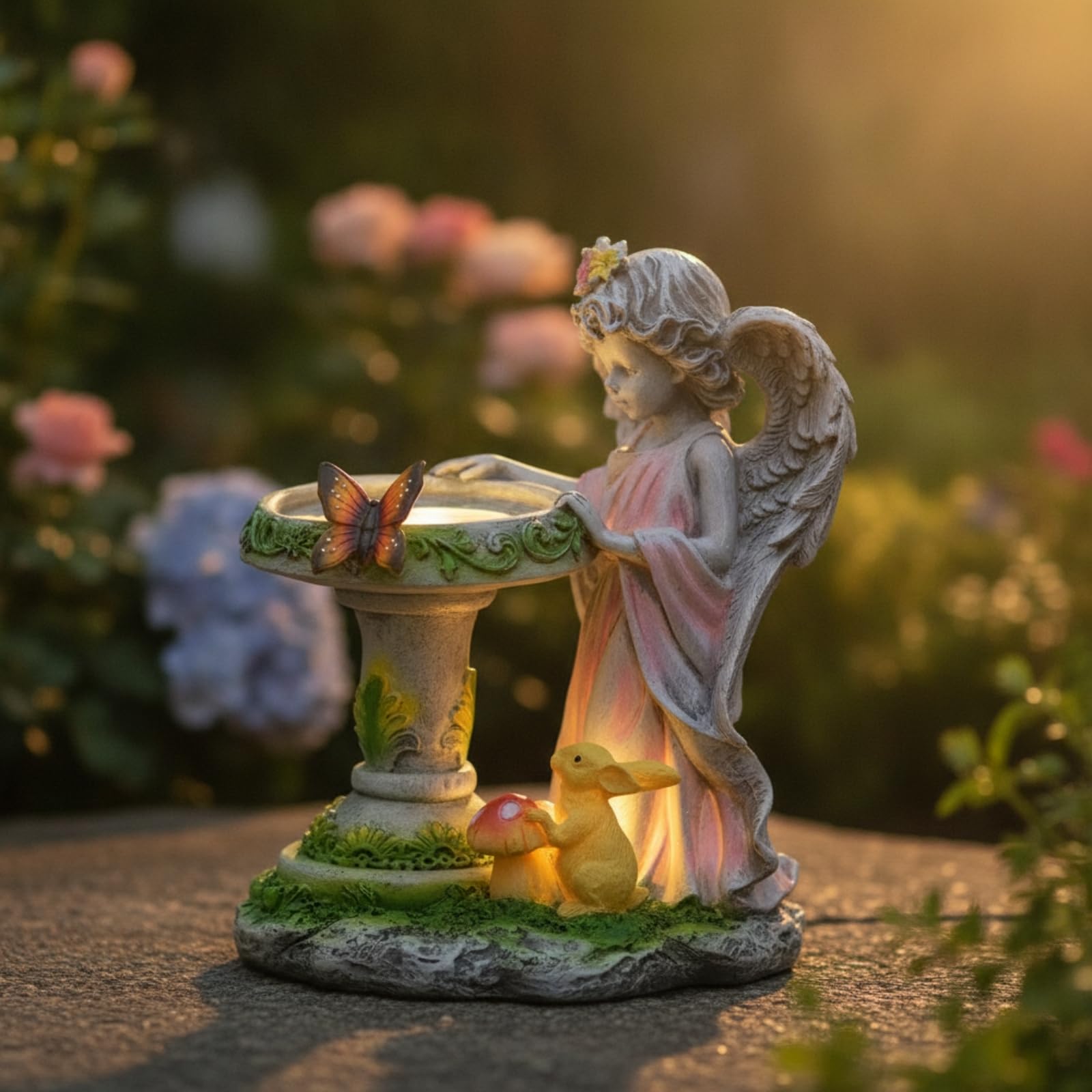 Scultura Angelo da Giardino con Bacinella Alimentata Dal Sole Resina Resistente Agenti Atmosferici Decorazione con Panneggio E per Terrazza Aiuola Cortile Ingresso Esterno