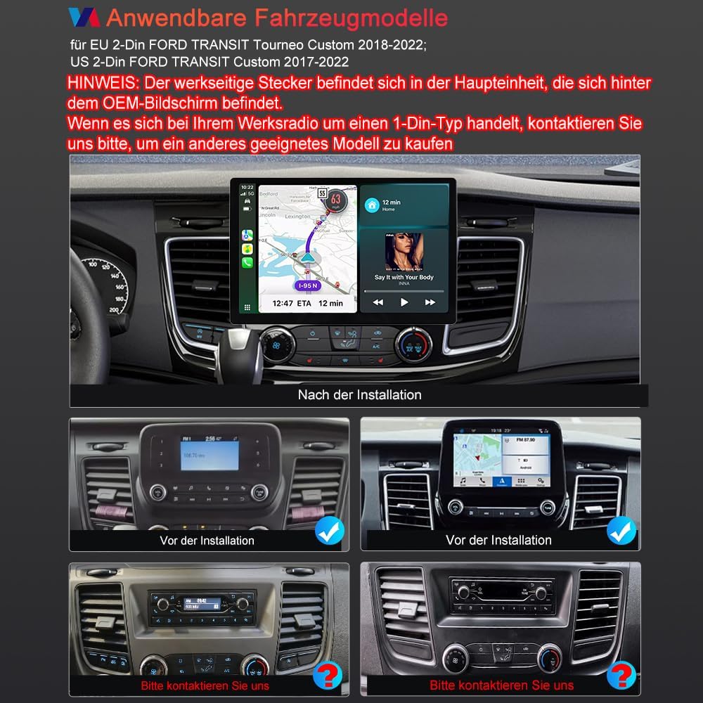 Radio de coche para Ford Transit Custom 2018 – 2022, pantalla táctil QLED de 13,1 pulgadas, Android 15 Radio, Wireless CarPlay Android Auto, 4G LTE Navigation, DSP Bluetooth 5.0, Plug & Play Display