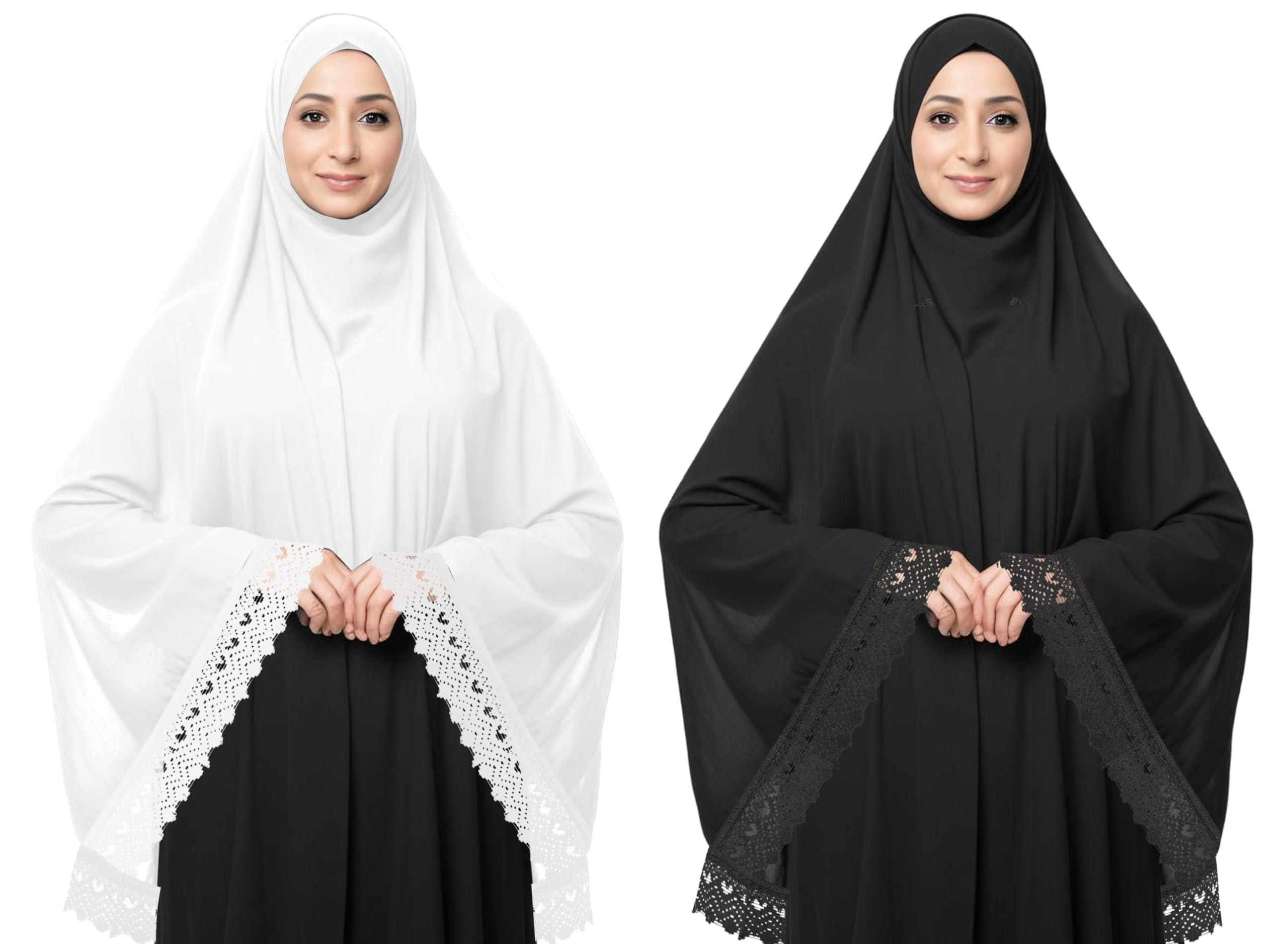 Women's Islamic Prayer Khimar, Black Namaz Scarf with Lace Detail, Full Coverage Hijab-image-37