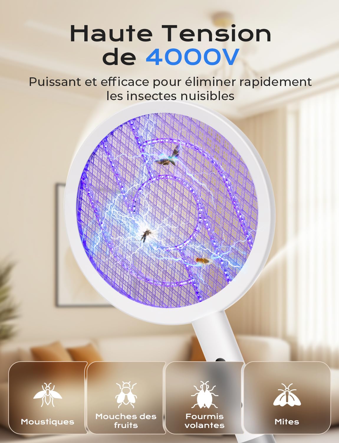 YISSVIC Raquette Electrique Insectes, Raquette Anti Moustique 1800mAh Tapette Puissante 4000V ave Base Rechargeable Chargement USB-C Lutte Contre Moustiques Mites Fourmis Volantes, Blanc