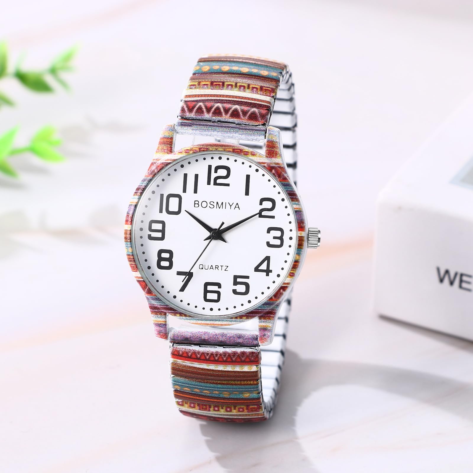 JewelryWe Zegarki damskie ze stali nierdzewnej elastyczne: Vintage Boho analogowy zegarek kwarcowy damski ze stali nierdzewnej rozciągliwa bransoletka zegarek z bardzo wyraźnymi dużymi cyframi
