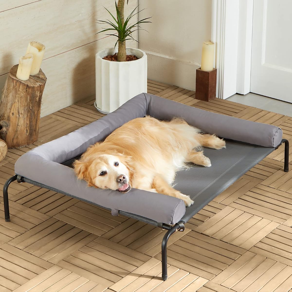 Cama elevada para perros grandes – Cuna elevada impermeable para perros con reposacabezas inclinado, malla Teslin transpirable, cama para mascotas duradera y portátil para uso interior y exterior, gris