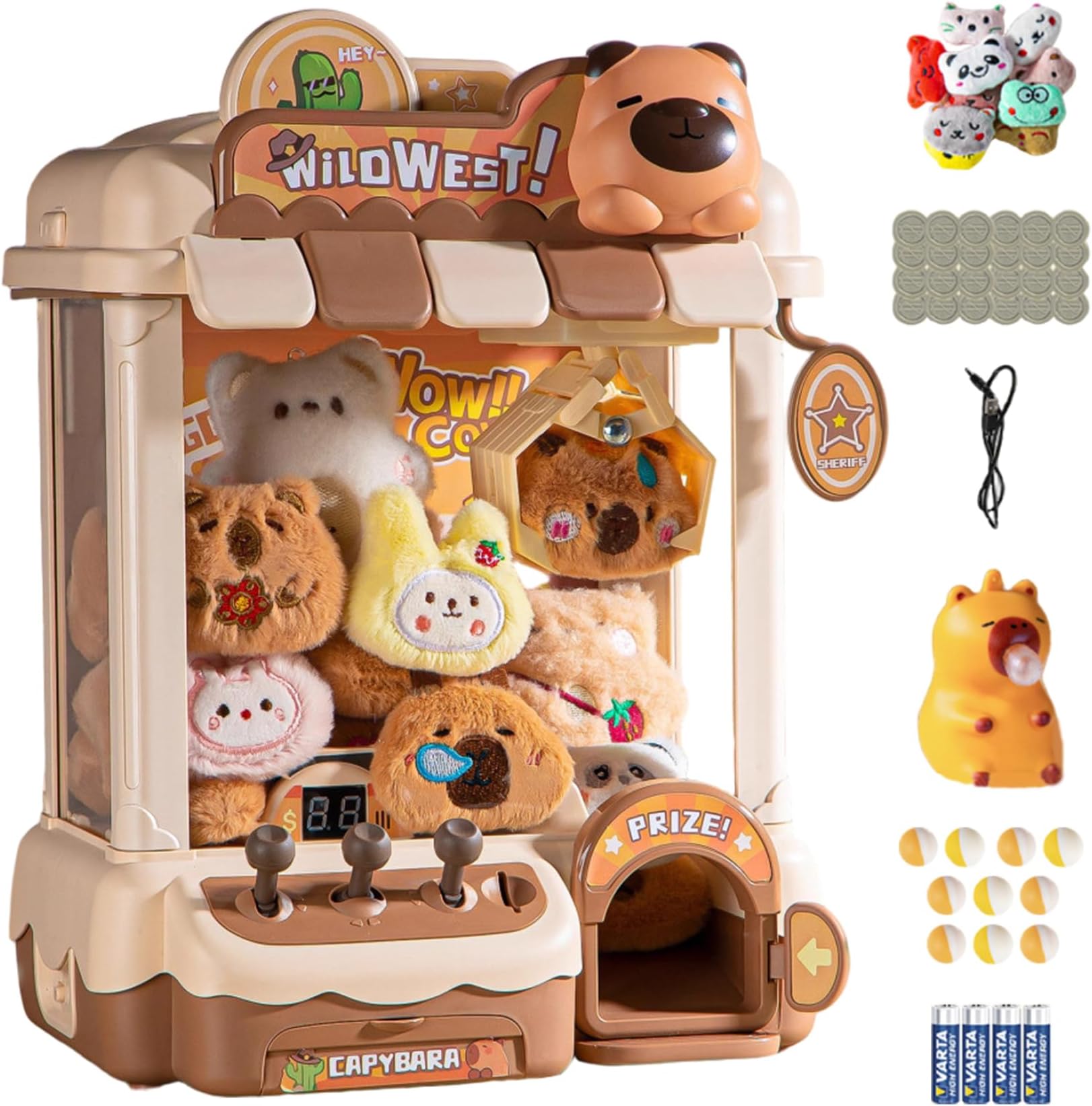 Jorzer Toy Claw Machine for Kids Cute Capybara Mini Vending Machine Dual Powered with 10 Dolls 10 Eggs & 24 Coin for Christmas Birthday Party Favors.