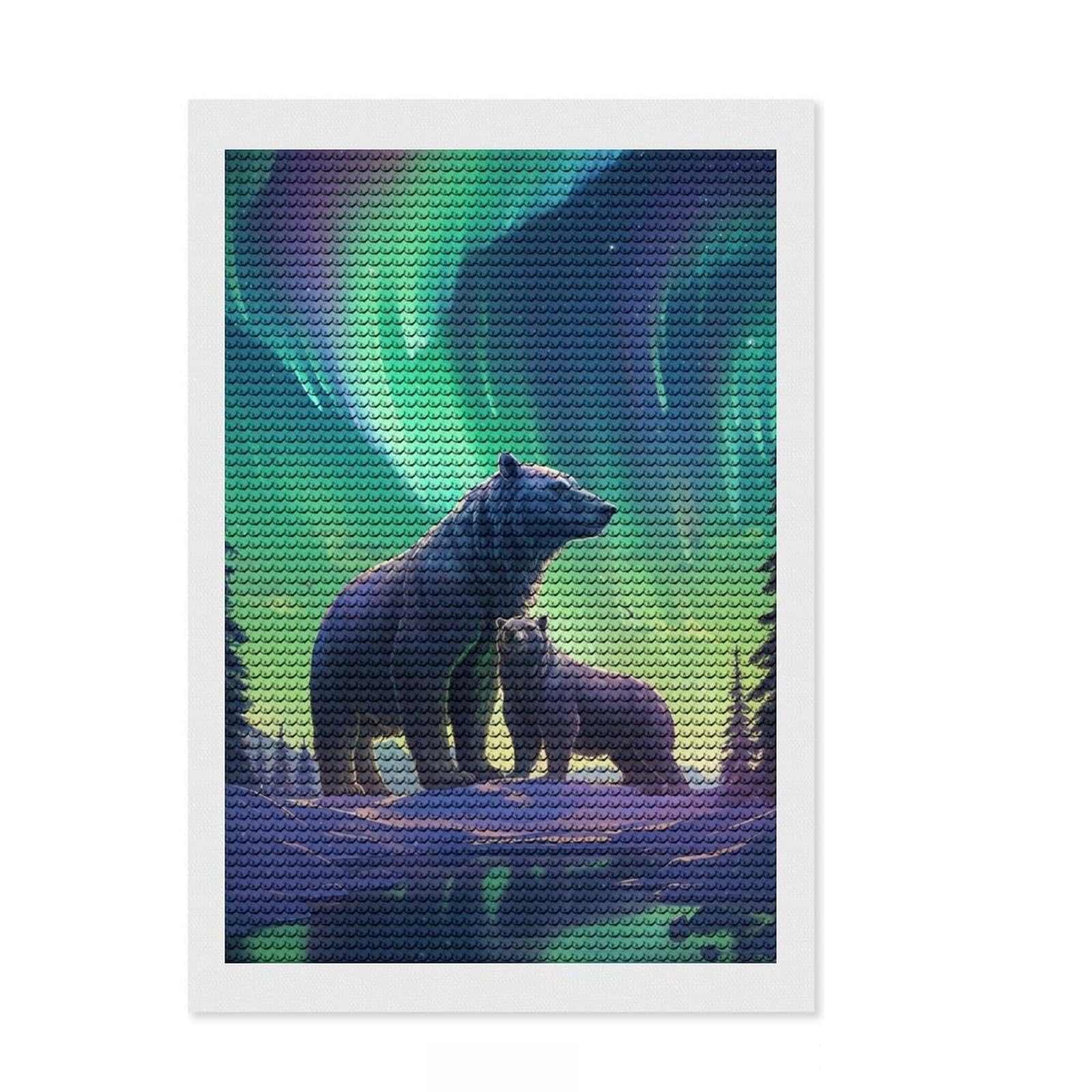 Junmoney Bear and Cub Northern Round Drill Diamond Painting 8"x12", Adhesive Canvas, Home Decoration, with Tool Kit, Creative Gift Idea