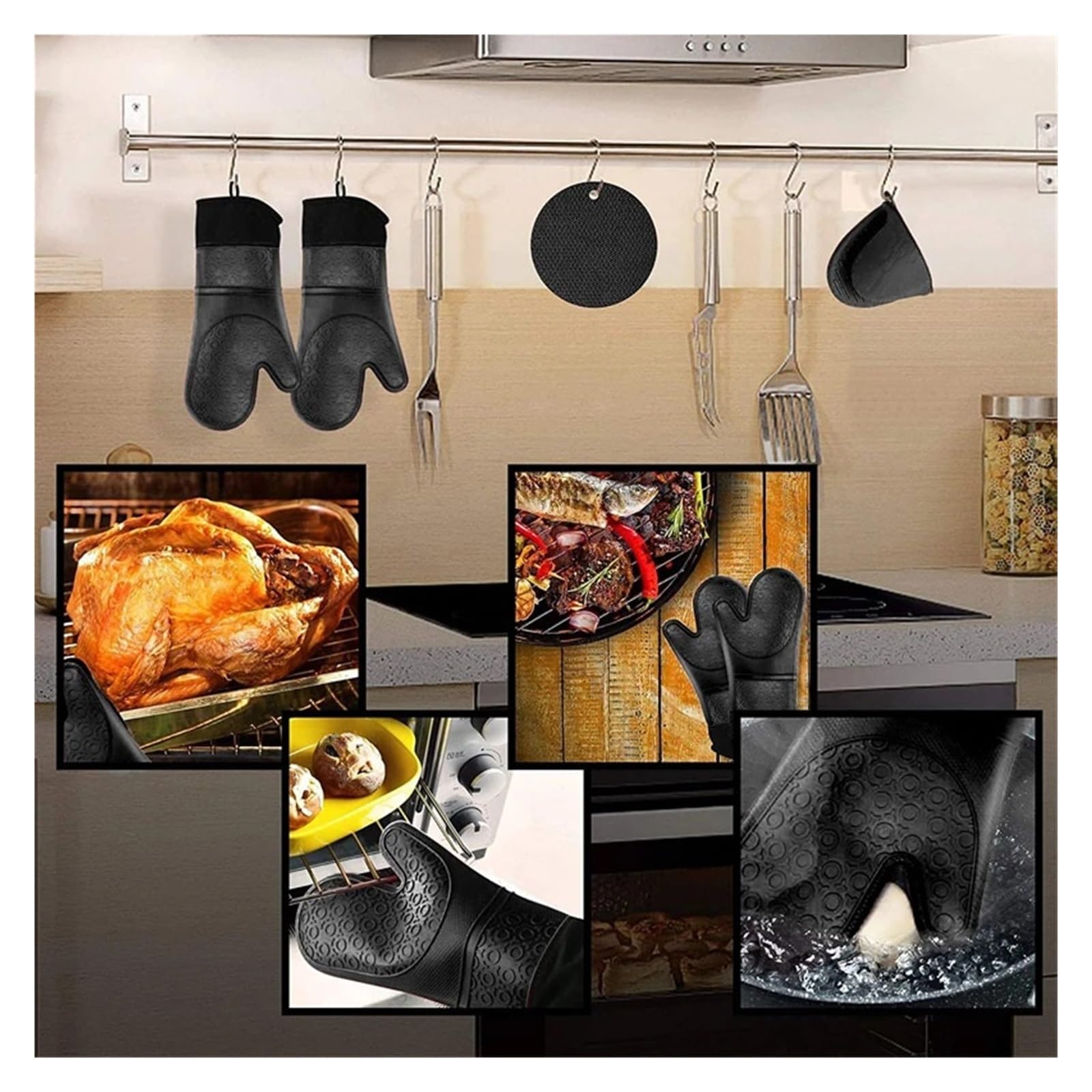Genérico Juego de Guantes de Horno 6 pcs, Compatible con LMETJMA, KC0419 | Set de silicona con guantes extra largos, agarraderas y bases térmicas para hornear, cocinar y BBQ(Blue)