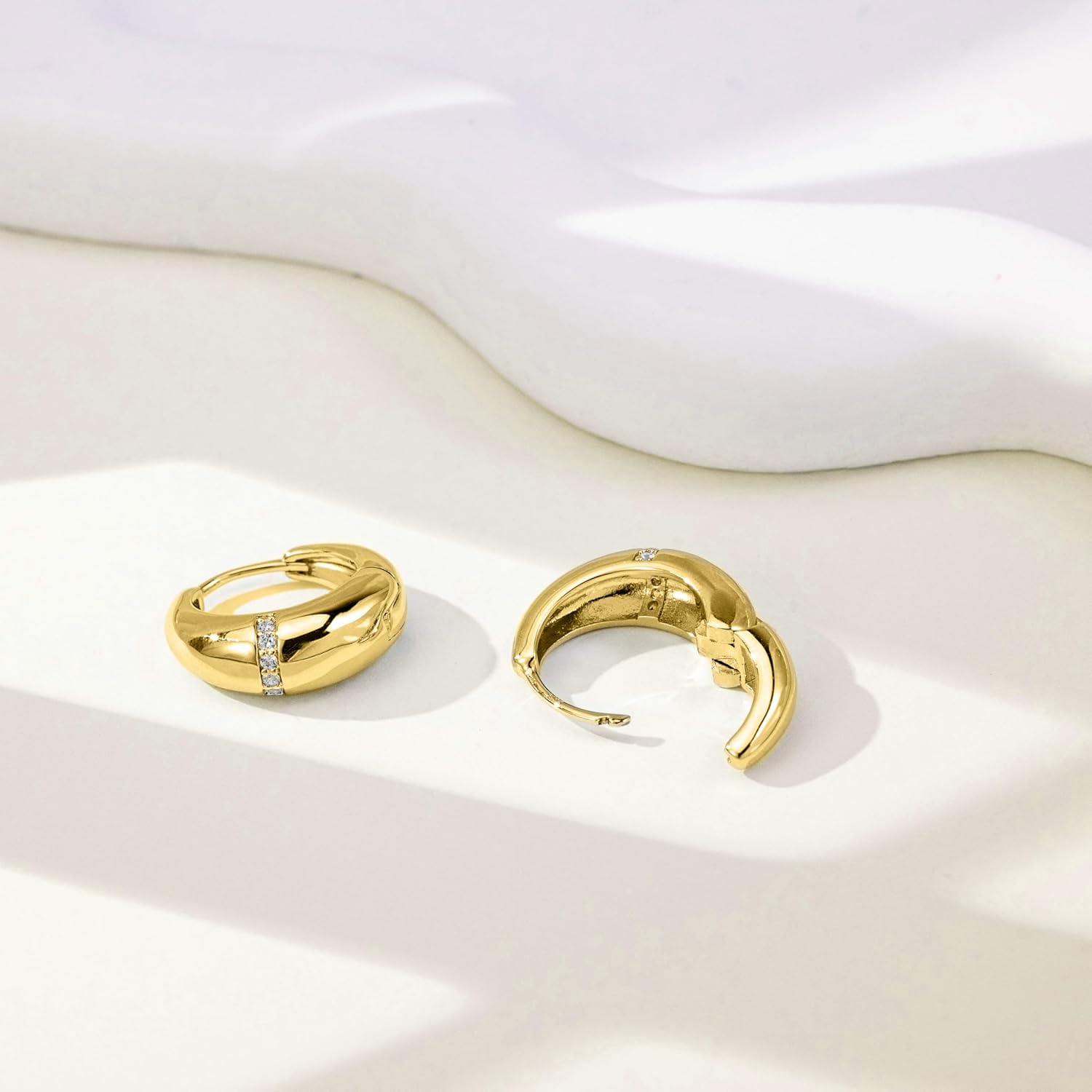 Chunky Hoop Earrings for Women with CZ Thick Hoop Earrings with 925 Sterling Silver Ear Posts 14k Real Gold Plated Hoop Earring for Daily Wear - Image 3