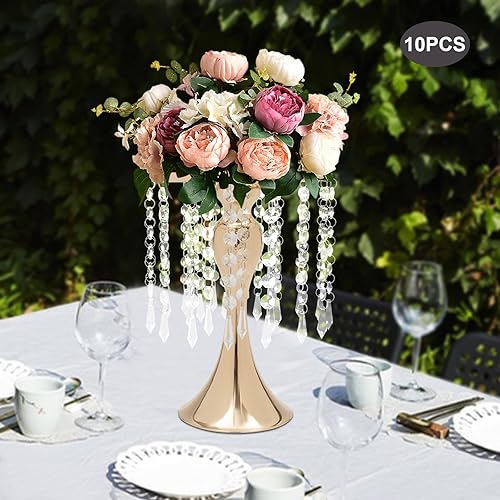 Miniatura 2 de 10 piezas de jarrón de cristal para mesas de boda, soporte de flores doradas de 10.2 pulgadas de altura, jarrón floral de metal para decoración de