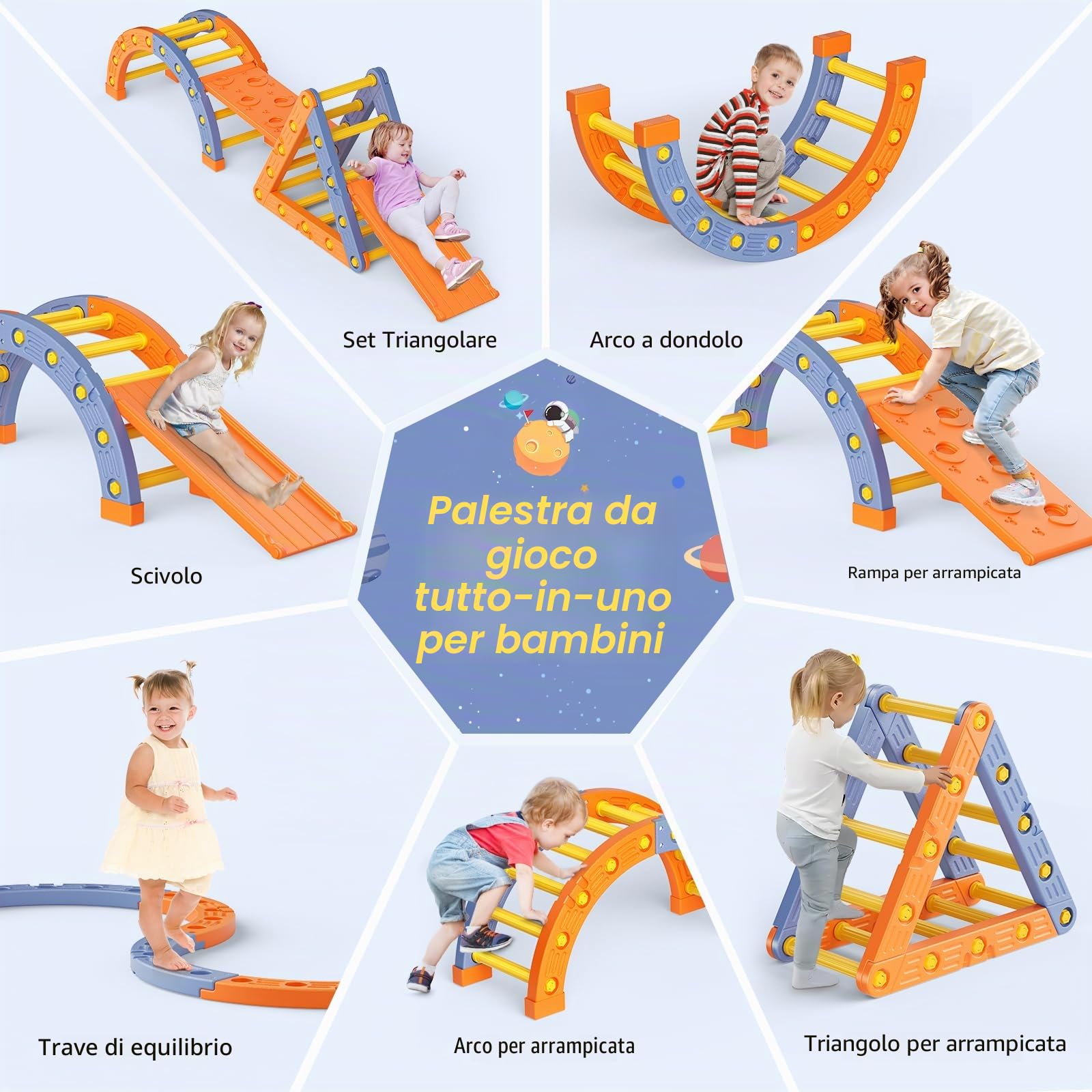 Struttura per arrampicata per bambinii, scaletta da arrampicata treppiede in plastica per bambini, set di gioco Montessori per intern (treppiede e arco e scala e scivolo)