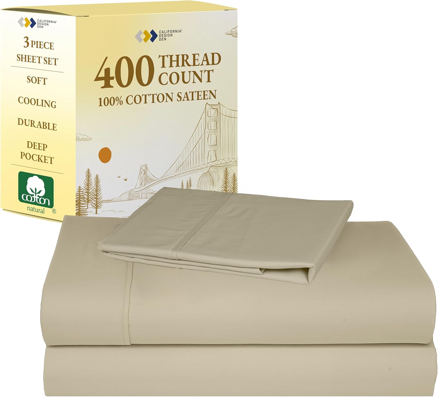 California Design Den Twin XL Sheet Sets - 400 Thread Count Sateen, 100% Cotton Bed Sheets, Deep Pockets, Soft & Breathable, Cooling and Durable Bedding Set - Beige (Golden Tone)