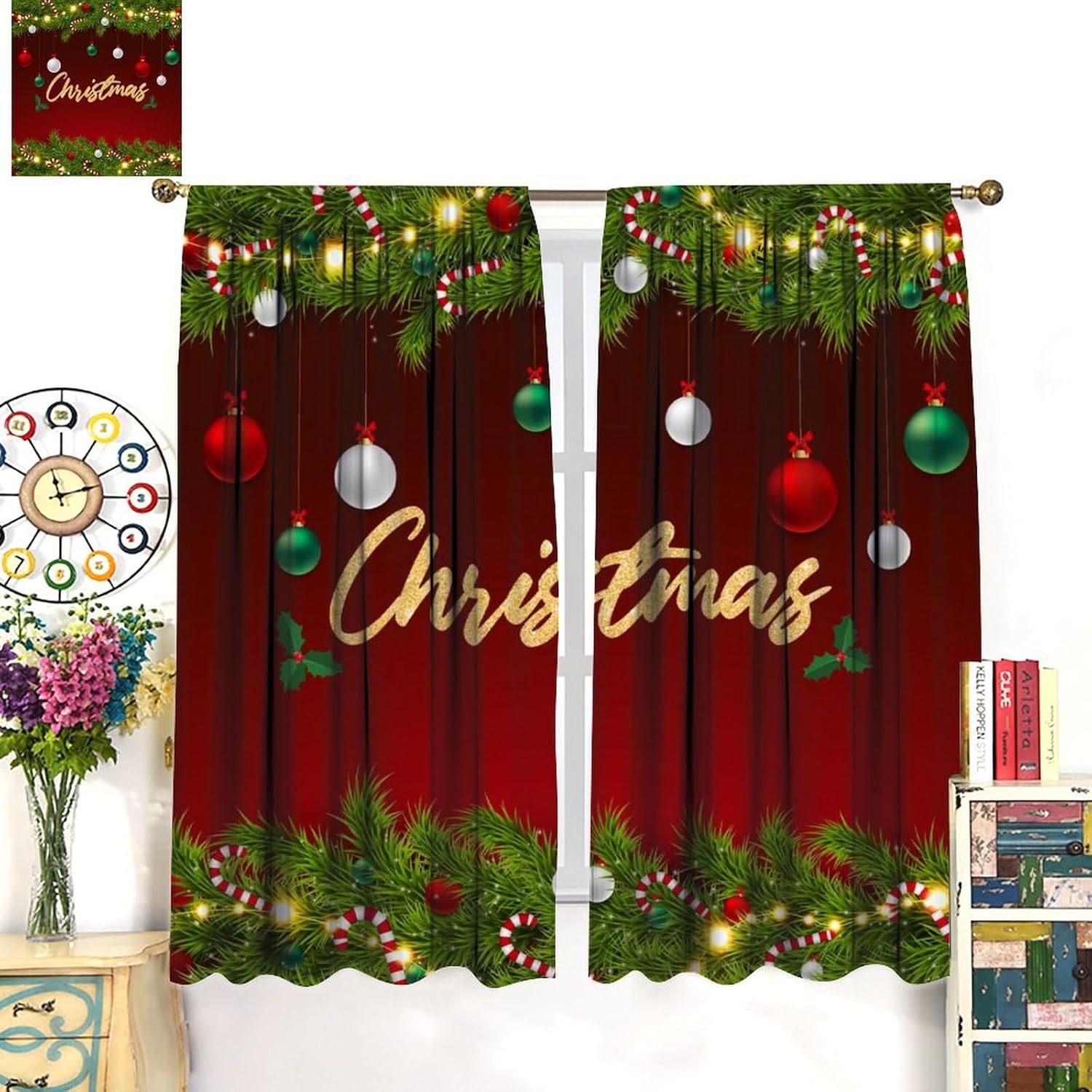 Christmas Curtains for Bedroom,Gradient Abstract Christmas Tinsel Colorful Balls Winter Xmas Theme Blackout Window Curtains Home Decor for Living Room Party 21x45in,2 Panel Set