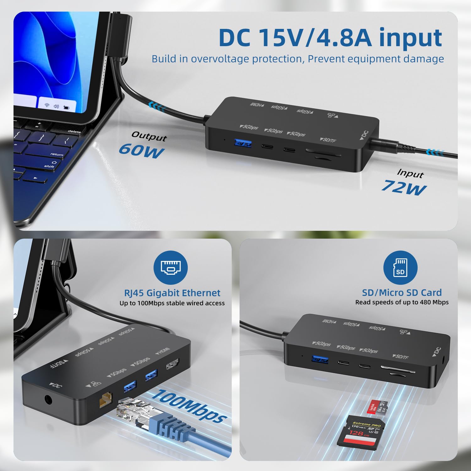 Surface Docking Station, Surface Pro Dock 10-in-1 con HDMI 4K a 60Hz, Gigabit RJ45 Ethernet, 3 USB 3.0, 2 USB-C, slot per schede SD/TF, dock di superficie magnetica per Surface Pro 11/10/9/8/X/7+