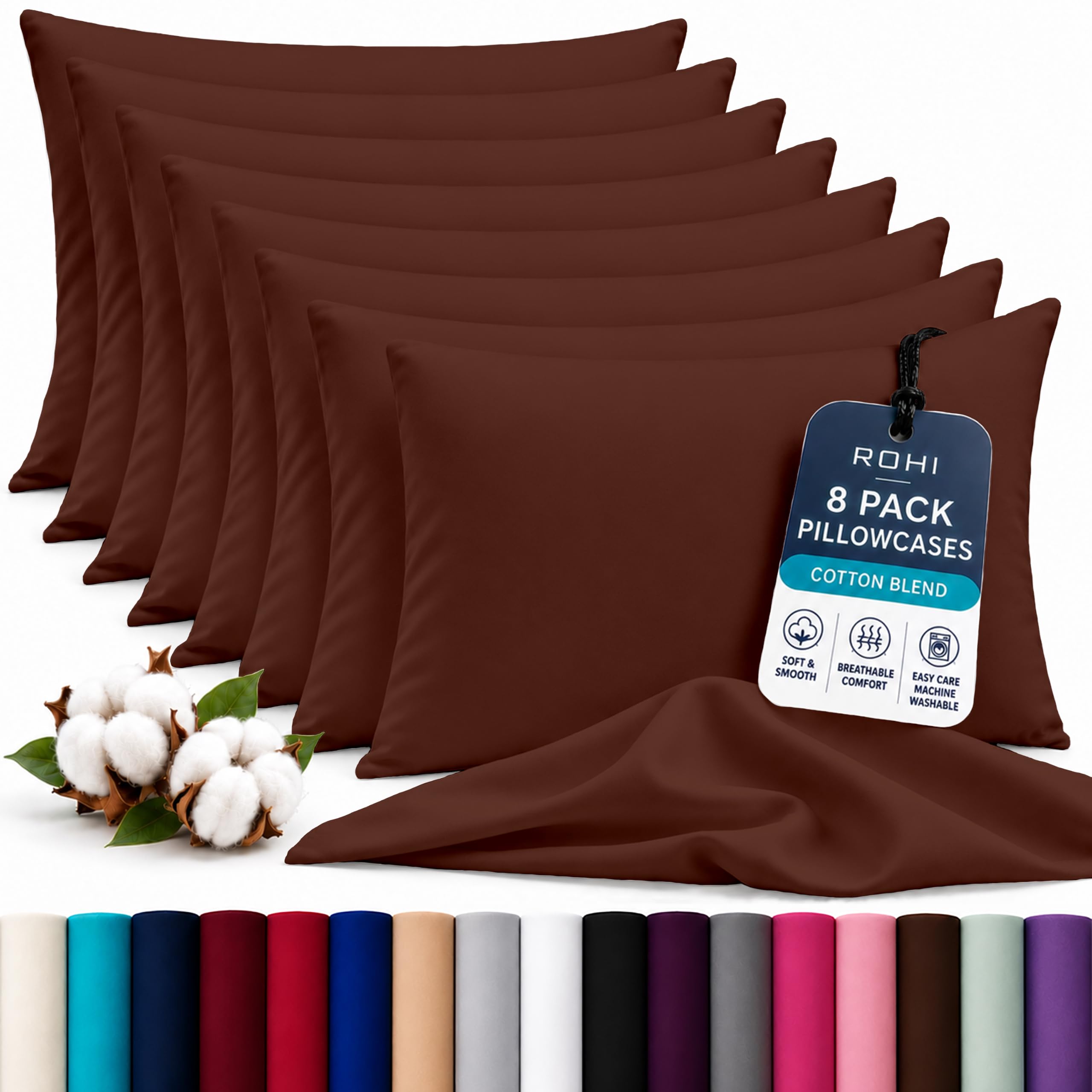 Rohi Luxury Chocolate Pillowcases 8 Pack - (50×75cm) | Soft & Comfy Cotton Blend Pillow Covers with Envelope Closure | Breathable, Anti-Allergy, Fade & Wrinkle Resistant