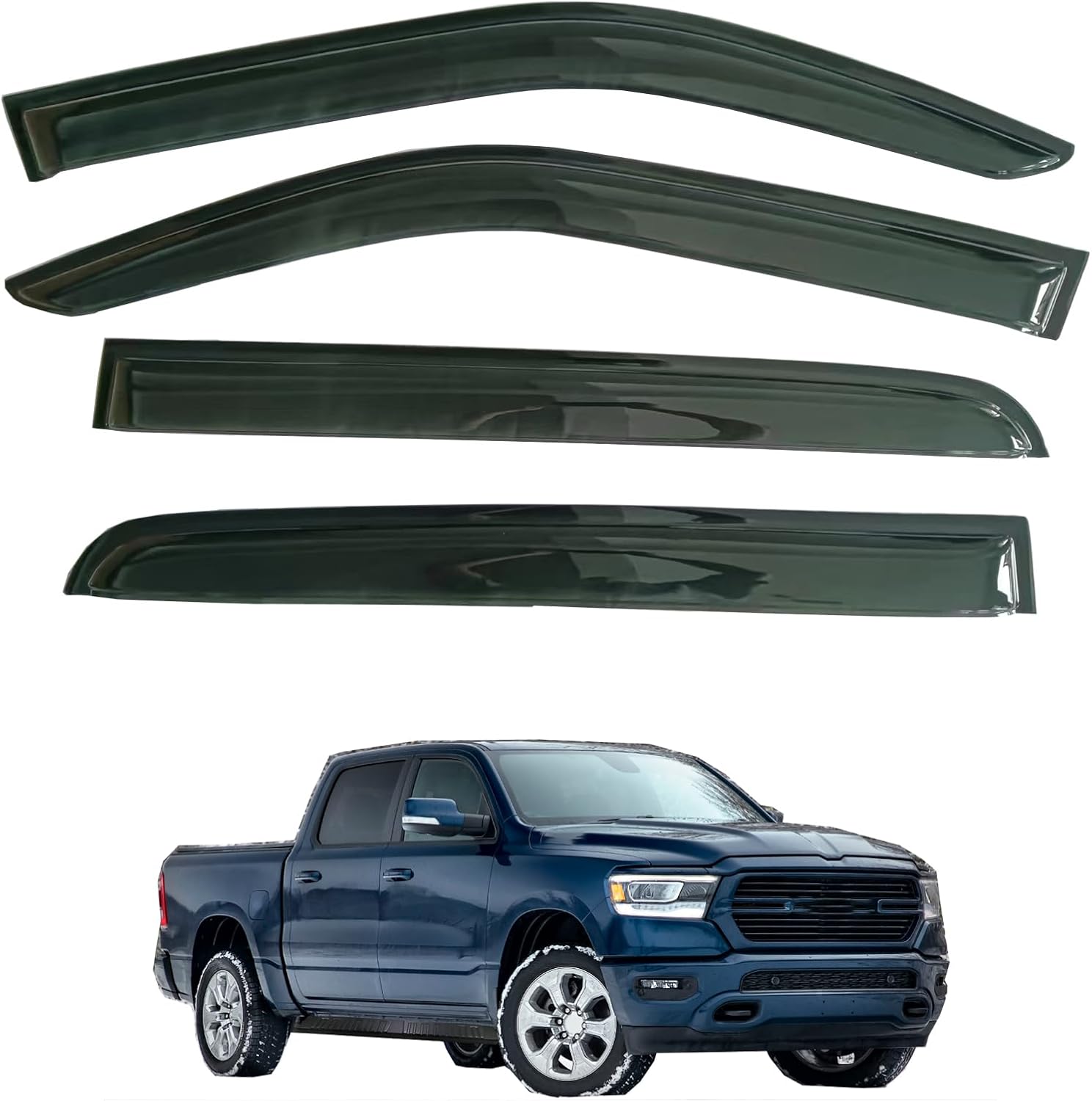 Tape On Window Visor Rain Guards Compatible with Ram 1500 Crew Cab 2019-2025 Wind Deflector Smoke 4pc,No Classic