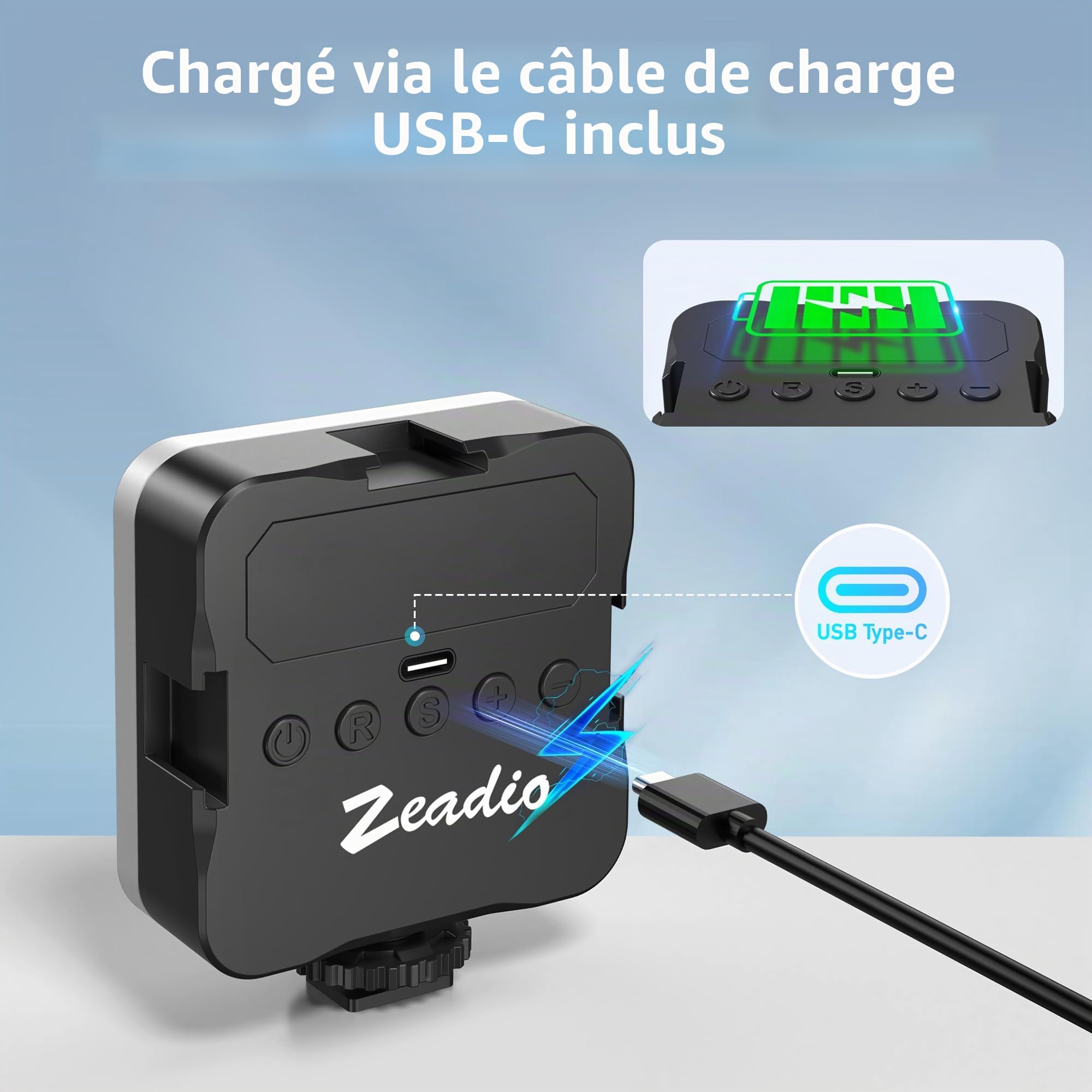 Zeadio Lampe vidéo Portable pour Selfie avec Clip, lumière LED Rechargeable IRC 95+/20 Modes scène/3000 K-7000 K avec 3 Supports Griffes, Lot de 1