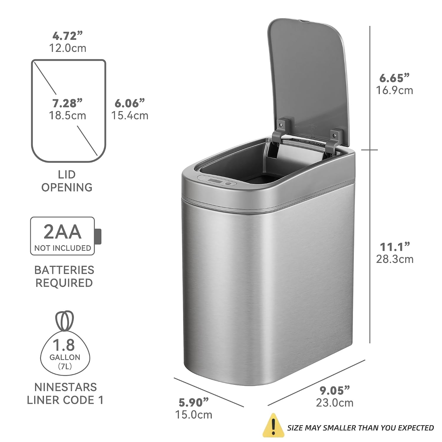 Ninestars Small Automatic Motion Sensor Bathroom Trash Can, 1.8 Gallon Smart Opening Garbage Bin for Bathroom, Bedroom, Kitchen, Office 7 Liter Compact Stainless Steel image 4