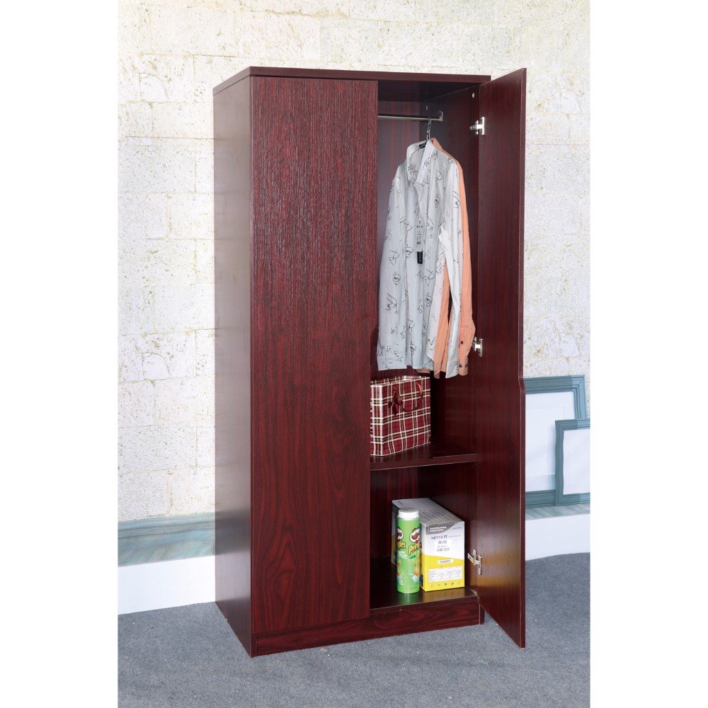 Benzara Spacious 2 Door Two Bottom Shelves, Hanging Rail, Cherry Brown Wardrobe