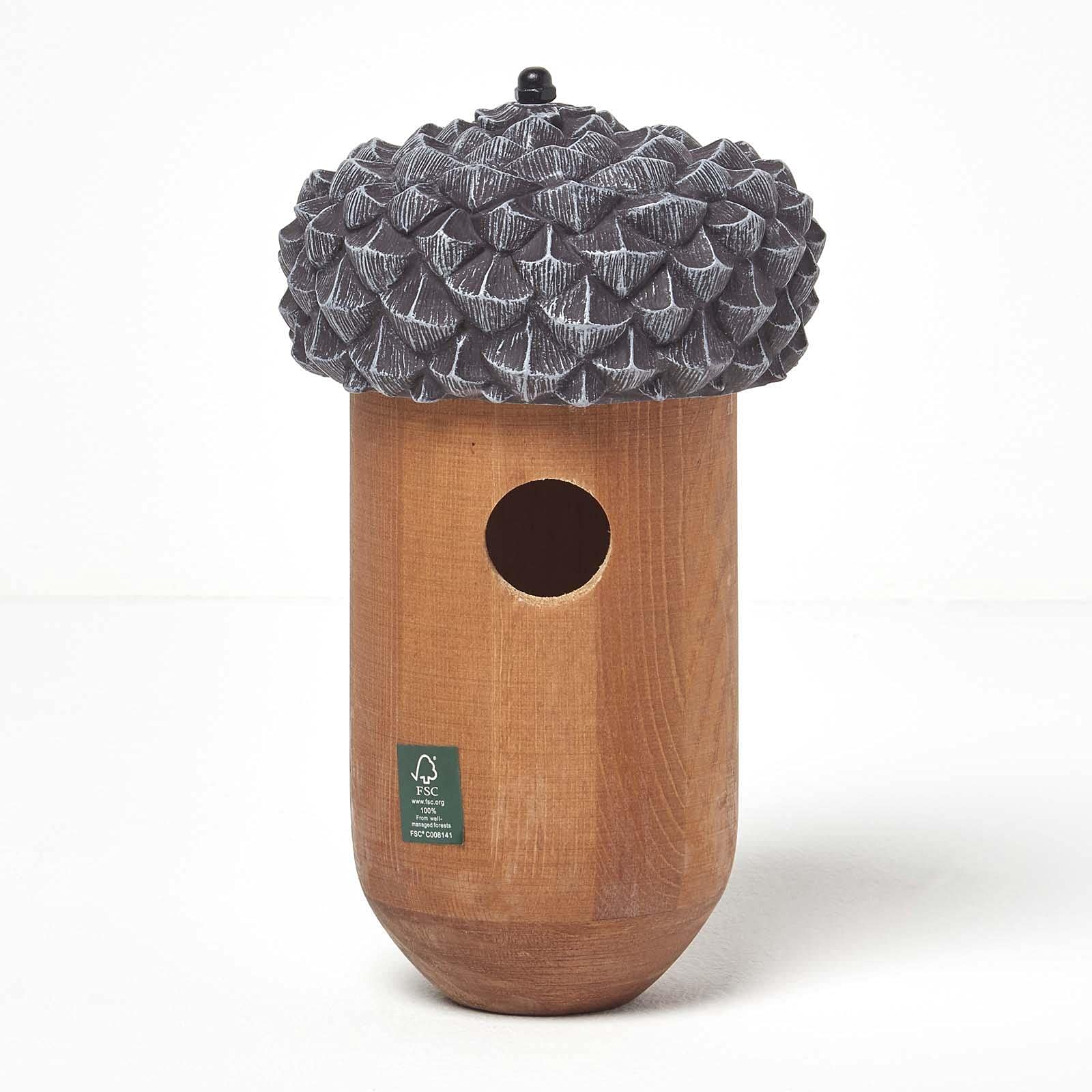 HOMESCAPES casetta per uccelli a forma di ghianda in legno massello altezza 25 x larghezza 14 cm contenitore per uccelli da giardino per recinzioni o alberi realizzato in legno di pino trattato