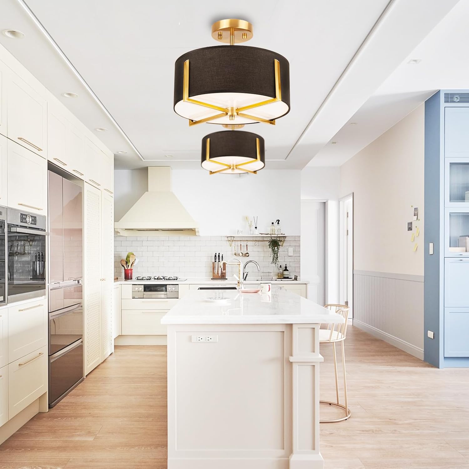 Edwarmlux 3-Light Semi Flush Mount Ceiling Light Fixture, 13.7" Gold Drum Light with Black Fabric Shade, Modern Close to Ceiling Lamp for Living Room Bedroom Dining Room Kitchen Hallway Entry Foyer