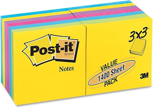 Post-it Notas, bloc original, 3 x 3 pulgadas, colores surtidos de ultra colores, 100 hojas por bloc, 12 almohadillas por paquete (654-12AU)