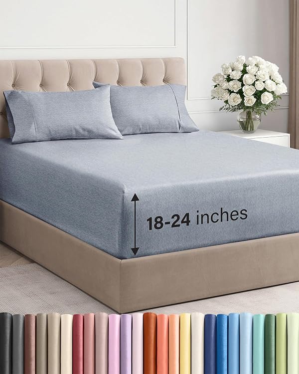Extra Deep Queen Sheet Set - 4 Piece Breathable & Cooling Bed Sheets - Easily Fits 18 - 24 inch Mattress - Ultra Soft, Wrinkle & Fade Free w/ Extra Deep Pockets - Hotel Luxury Bedding - Heathered Blue by CGK Unlimited - Used condition - US$28.24