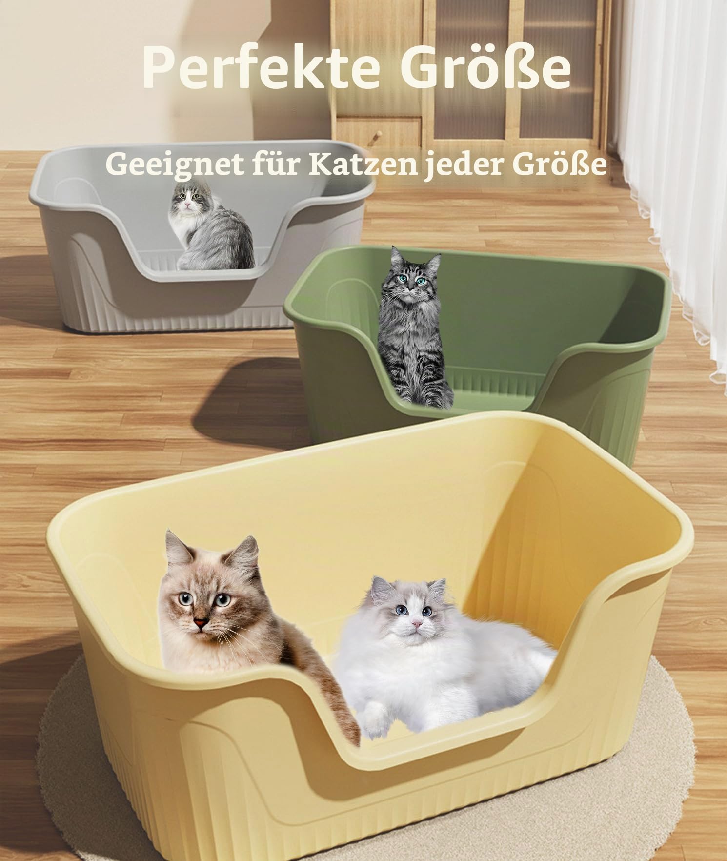 Vealind Extra große Katzentoilette mit hohen Seiten und niedrigem Einstieg, 64 x 45 x 33 cm, 100% auslaufsicher, Anti-Spritzer, XL (Grau)