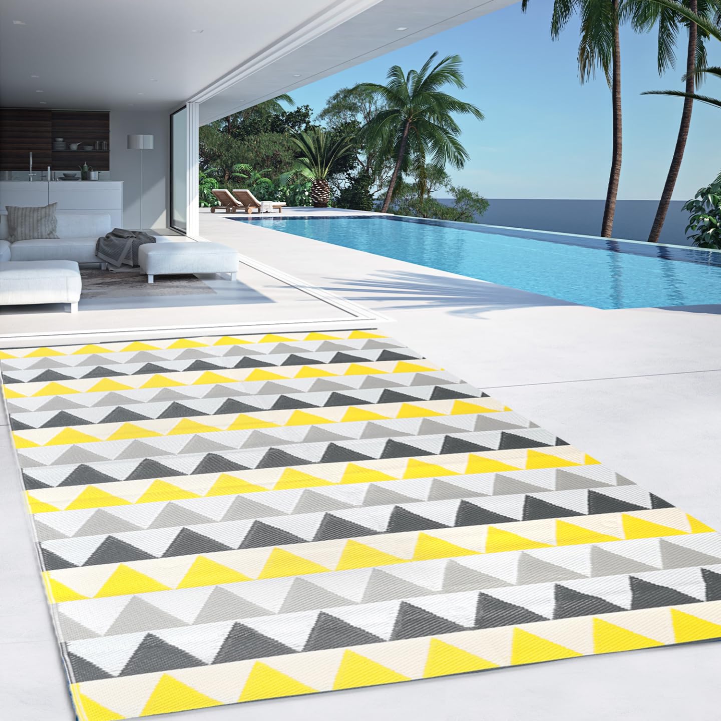 IDMarket - Tapis extérieur Sari Triangles Gris et Jaune 270 x 370 CM