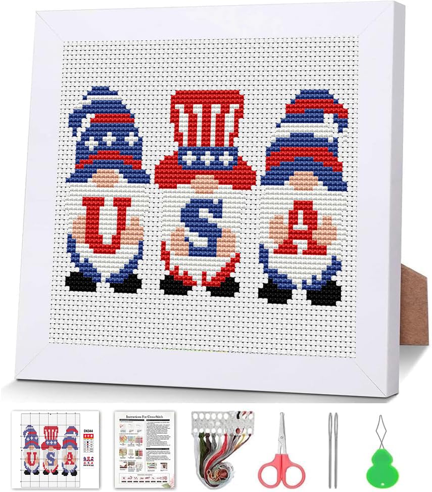 VIGEGU Independence Cross Stitch Kits Cross Stitch Kits for Adults Beginner with Framed 4 of July Embroidery Kit Stamped 11CT Cross Stitch Arts and Crafts for Adults Partial Cross Stitch 6.7x6.7inch