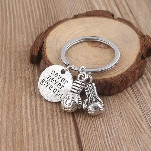 Vista 2 de Wen XinRong Llavero de boxeo con texto en inglés Never Give Up, guantes de boxeo, regalo inspirador para hombres y mujeres, plateado