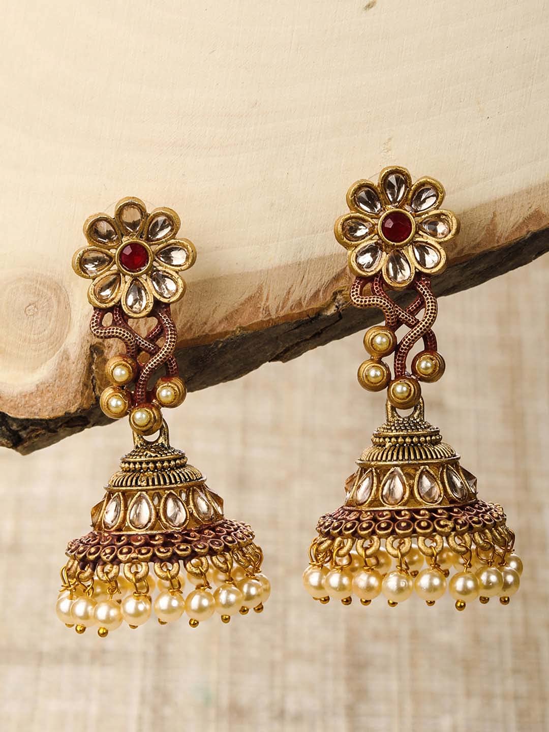 Kundan Beads Plated Floral Jhumka Earring