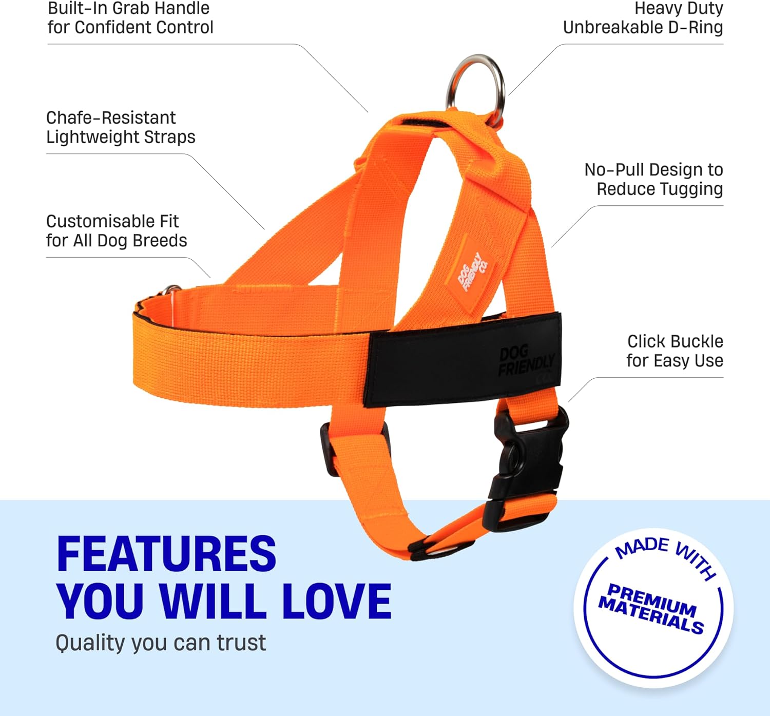 Dog Friendly Co. Dog Harness | Chafe Resistant Webbing, Adjustable Neck & Chest, and Heavy Duty D-Ring | Sturdy, Comfortable, Easy to Use | Hi-Vis Orange, Size L