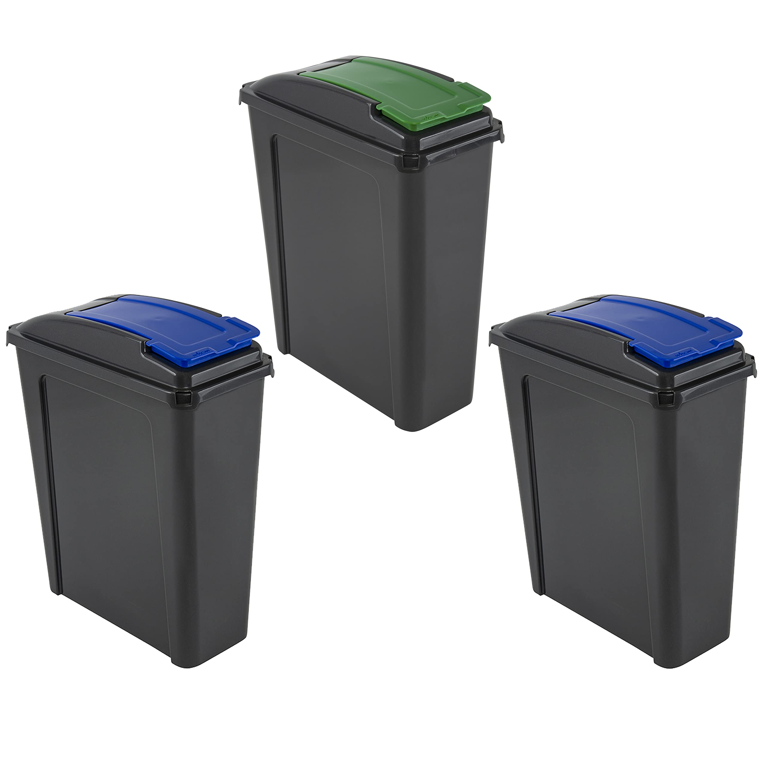 (𝐒𝐞𝐭 𝐨𝐟 𝟯) 25L Slimline Recycling Bin Slim Kitchen Trash Can Waste Rubbish Dustbin | Narrow spaces, Kitchen, Cabinet, Bathroom Under Kitchen Counter Bin (Blue (2pcs) + Green (1 Pc))
