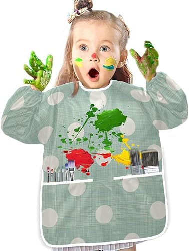Miniatura 4 de Kigai Delantales de arte para niños de lunares verdes impermeables para pintura de niños de 2 a 4 años