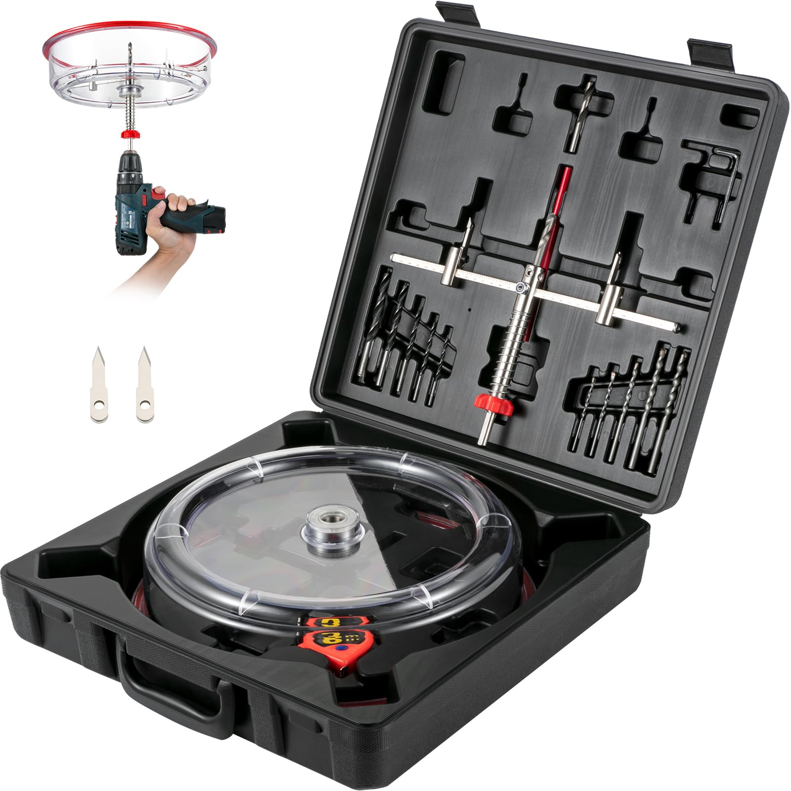 Happybuy Adjustable Hole Saw Cutter Kit, 40-300 mm, PC Dust Shield, Replaceable Bits, for Recessed Lights, Speakers, Vent Holes