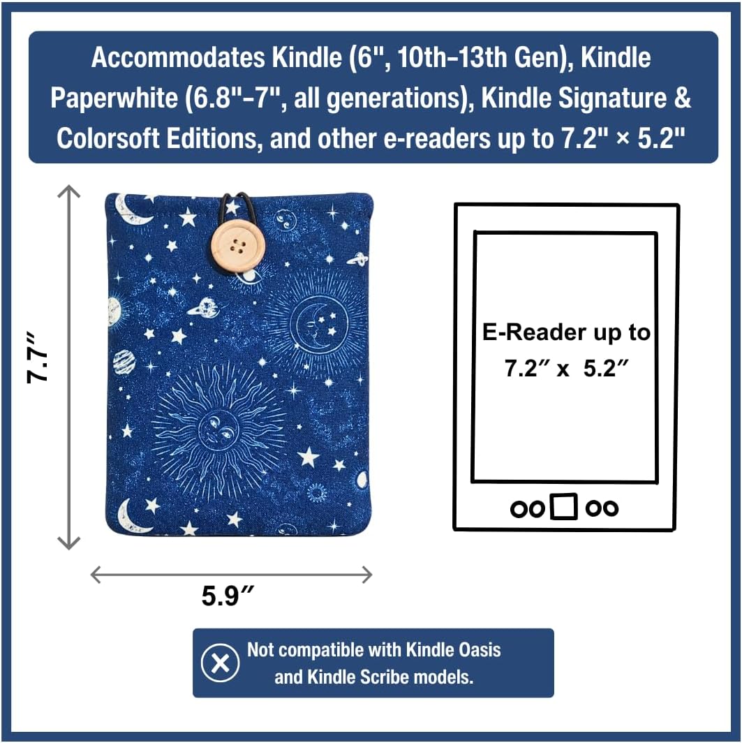 E-Reader Sleeve - Compatible with Kindle Paperwhite/Basic (6''), Paperwhite (6.8'') & (7''), Kobo Clara - Linen and Cotton Padded E-Reader Cover (Celestial)