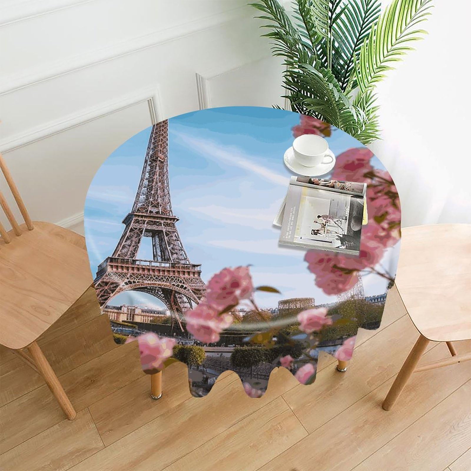 FekiLoot Paris Eiffel Tower with Flowers Round Tablecloth Cover 60 Inch Wrinkle Free Washable Polyester Fabric Table Cover Decorative Round Table Cloth for Home Dining Kitchen Party Farmhouse