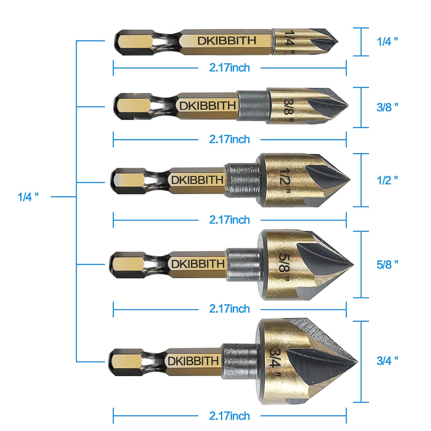 Countersink Drill Bit Set, 5pc, 1/4" Hex Shank, 82 Degree Countersink Holes for Screws to Sit Flush or Under the Surface of Metal Wood Plastic, Sizes 1/4, 3/8, 1/2, 5/8, 3/4 Inches with Storage Case
