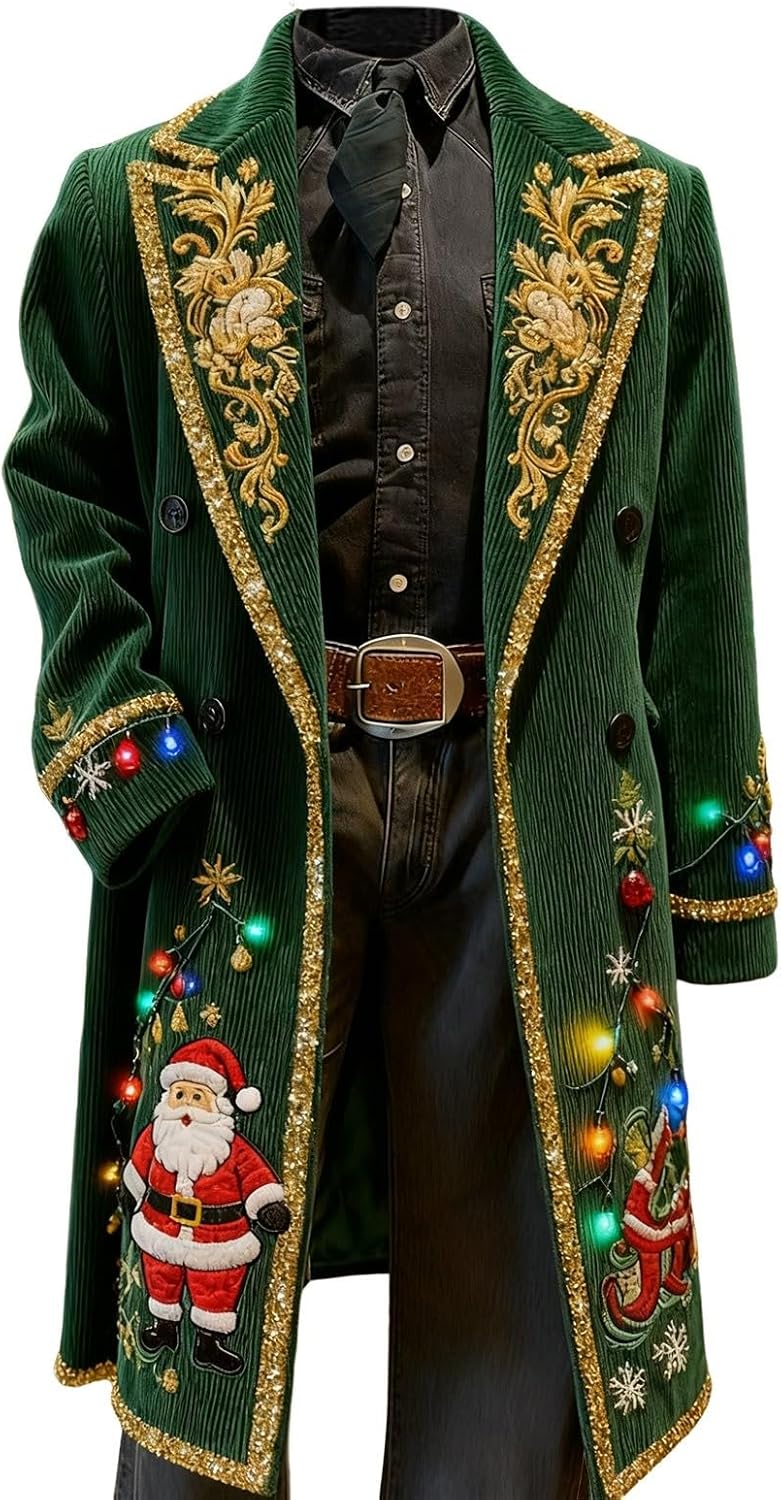 Christmas Blazer for Men Mid Long Corduroy Double Breasted Business Xmas Graphic Suit Jacket Slim Fit Business Jackets