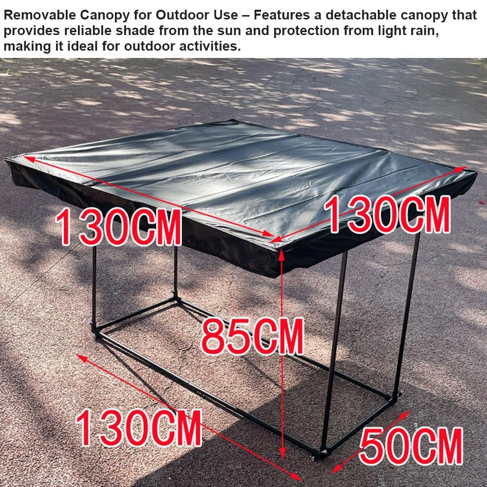 Carrello pieghevole da 130 cm con tettuccio e piano regolabile da tavolo, resistente, per spiaggia, spesa, campeggio, attività all'aperto, grande capacità, nero