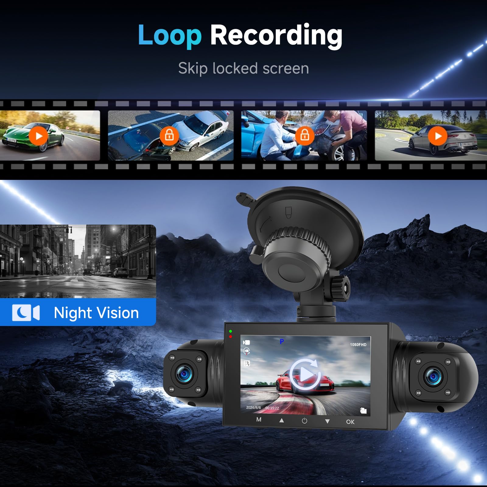 Dashcam a 4 Canali per Auto Anteriore e Posteriore 1080P, Dash Cam a 360° per Auto con Scheda SD da 64 GB, Schermo IPS da 3, WiFi, Visione Notturna IR, Dashcam per