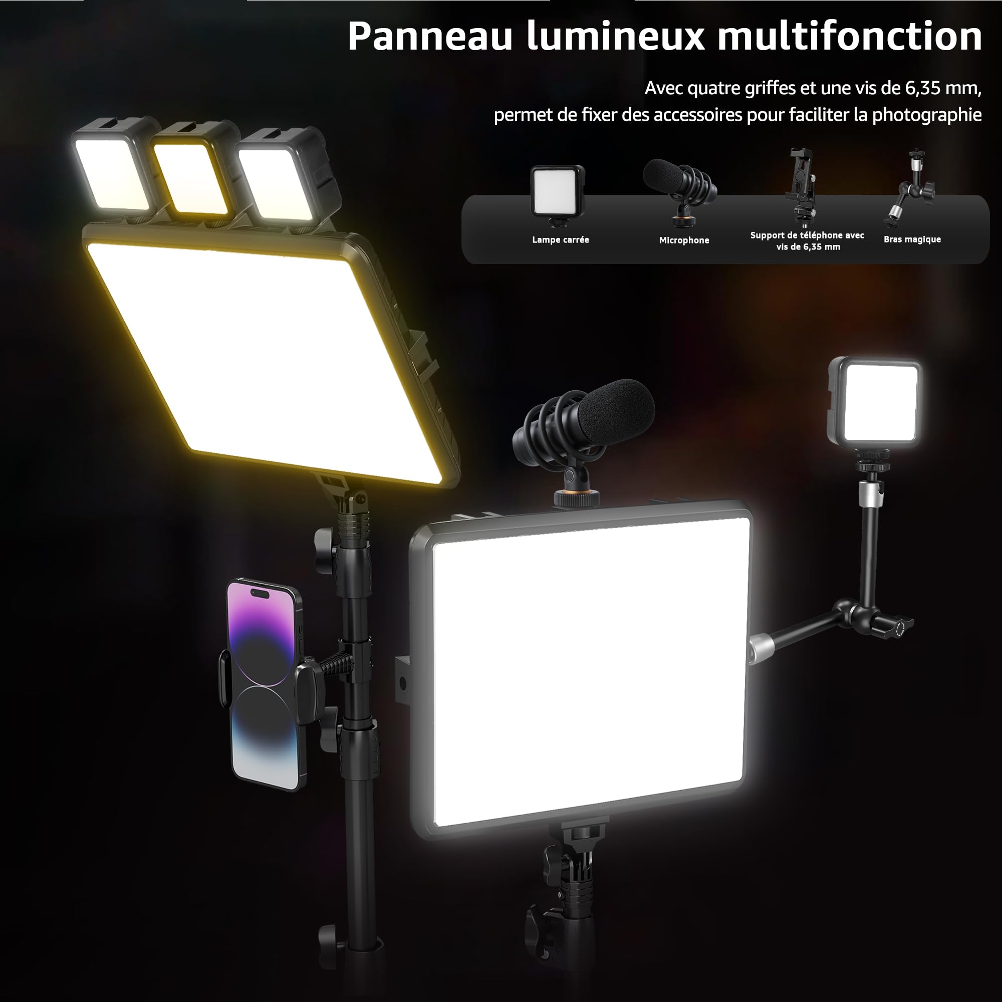 25cm*20cm Lumiere Photo, Lot de 2Panneau d'Éclairage Vidéo LED Kit 2800-6500 K avec USB/Support de téléphone, 185cm Kit D'éclairage de Photographie à Intensité Variable pour Portrait/TikTok (2 Pack)