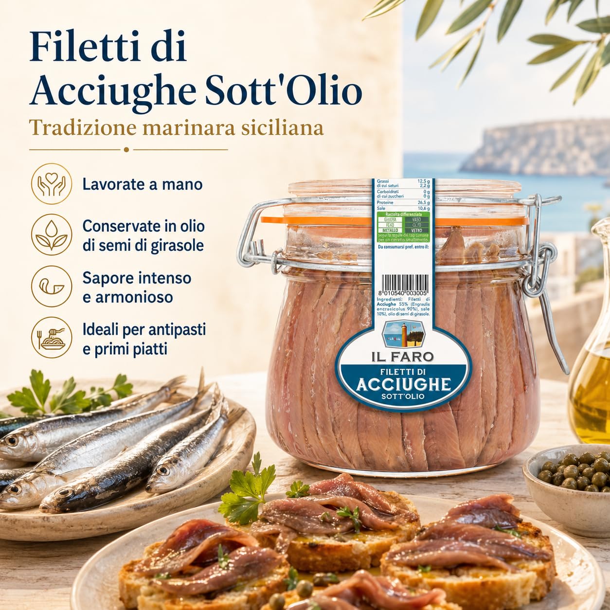 Filetti di Acciughe - Alici di Sciacca, Sicilia "Cavataio Paolo" | 2 x 580g | Sott'olio | Lavorati a Mano